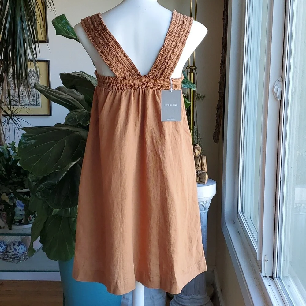 Everlane The Smocked Linen Dress Tawny Tan Brown Oversized Pockets Size … - Picture 9 of 12